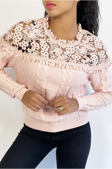 Pull rose en maille à col en broderie - 3