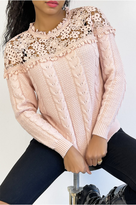 Pull rose en maille à col en broderie - 6