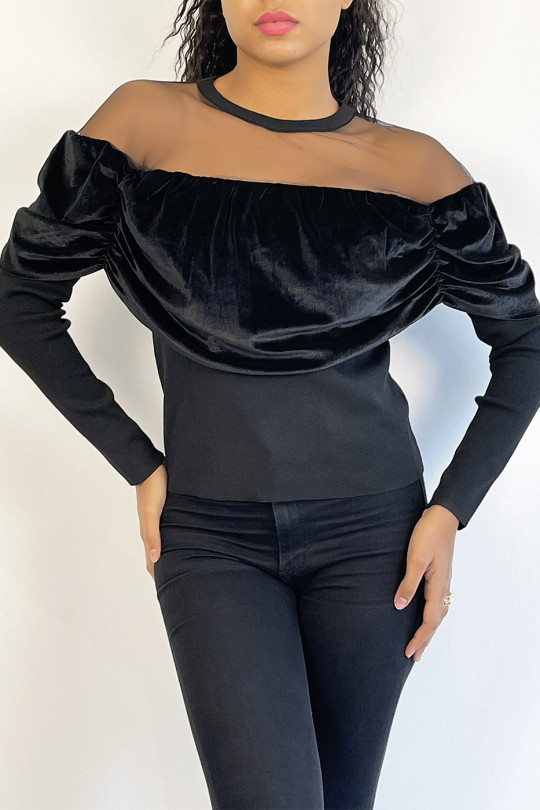 Black velvet-effect top and transparent mesh at the shoulders for a boat neck effect - 7