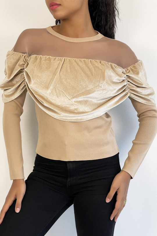Beige top with velvet effect and transparent mesh on the shoulders for a boat neck effect - 1