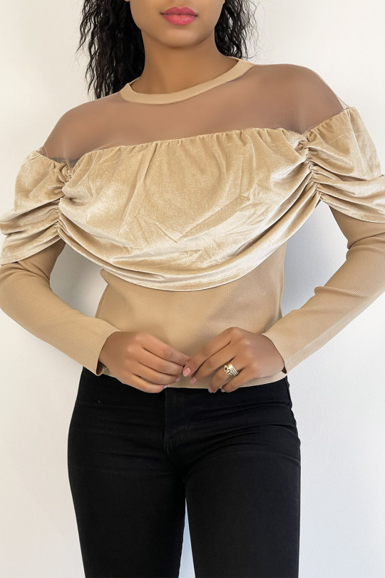 Beige top with velvet effect and transparent mesh on the shoulders for a boat neck effect - 2