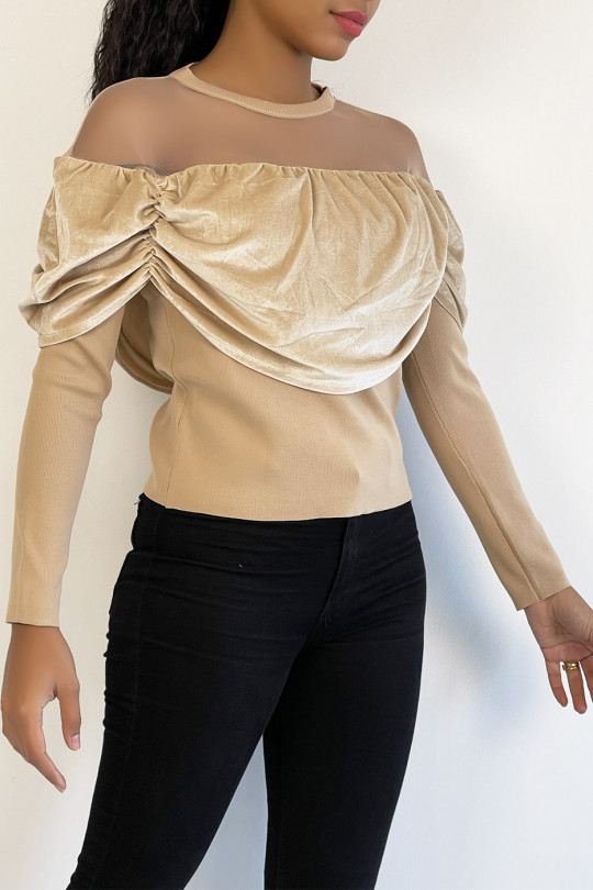 Beige top with velvet effect and transparent mesh on the shoulders for a boat neck effect - 3