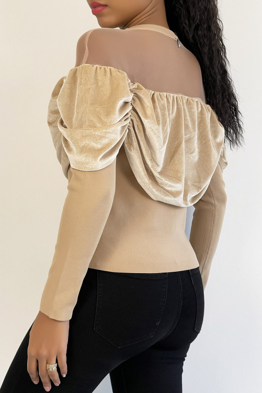 Beige top with velvet effect and transparent mesh on the shoulders for a boat neck effect - 4