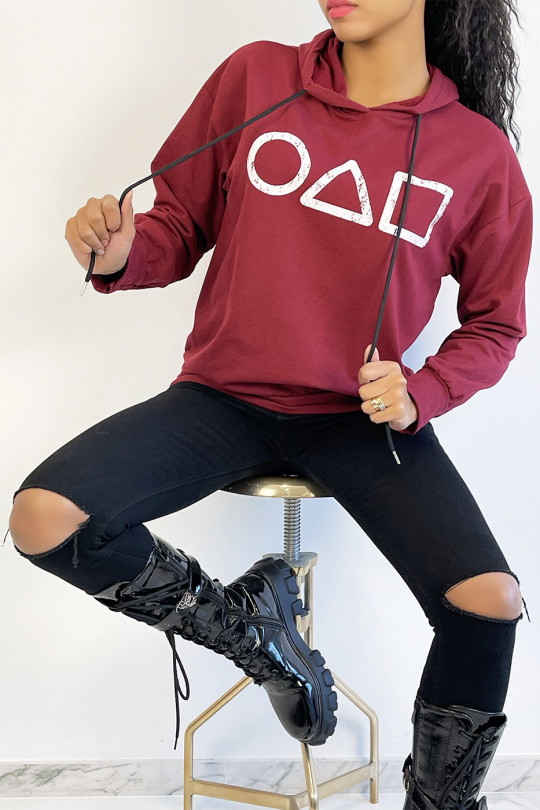 Burgundy red hoodie with squid game inspired print - 1