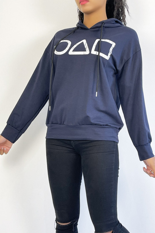 Navy blue hoodie with squid game inspired print - 2