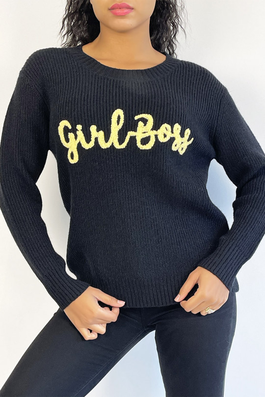 Black soft-knit sweater with round neck and "Girl Boss" lettering with embroidery effect - 2