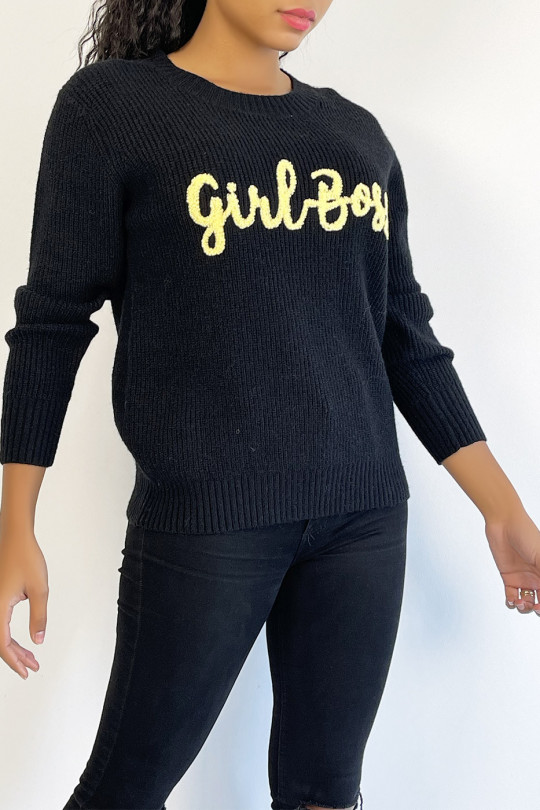 Black soft-knit sweater with round neck and "Girl Boss" lettering with embroidery effect - 3