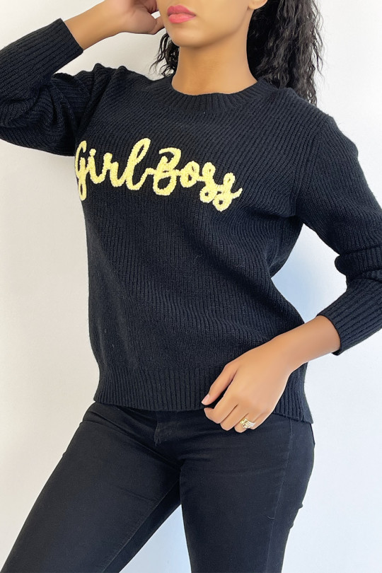 Black soft-knit sweater with round neck and "Girl Boss" lettering with embroidery effect - 4