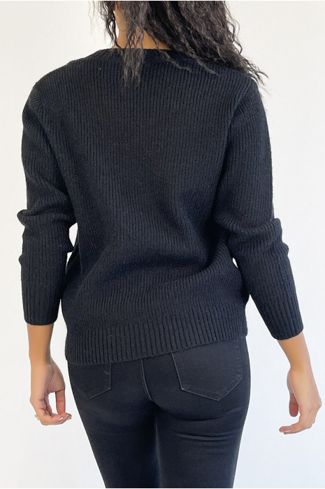 Pull noir en maille douce à col rond et inscription "Girl Boss" effet broderie - 5