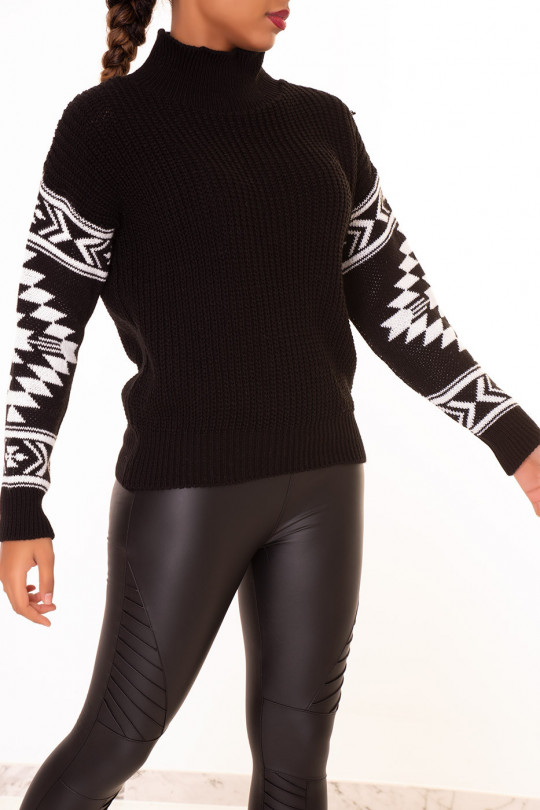 Black thick sweater with Aztec pattern on the sleeves retro style - 6