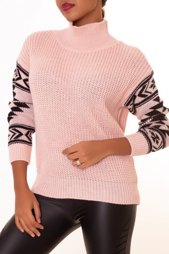 Thick pink sweater with aztec pattern on the sleeves retro style - 5