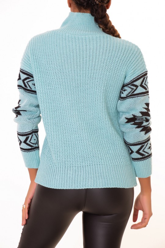 Turquoise blue thick sweater with aztec pattern on the sleeves retro style - 2