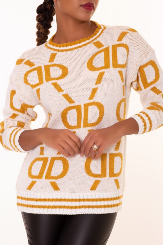 Beige sweater with vintage style print with round neck in chunky knit - 2
