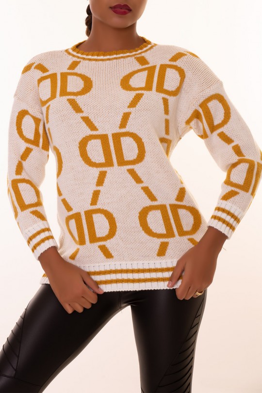 Beige sweater with vintage style print with round neck in chunky knit - 6