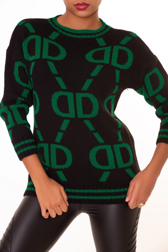 Black chunky knit vintage-style print crew-neck sweater - 2