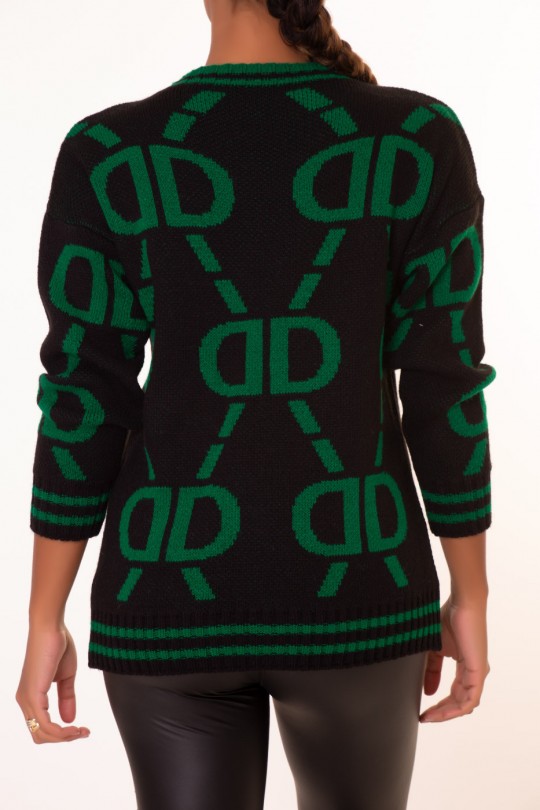 Black chunky knit vintage-style print crew-neck sweater - 3