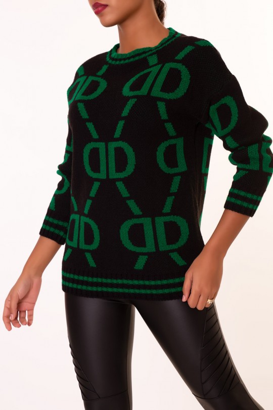 Black chunky knit vintage-style print crew-neck sweater - 4