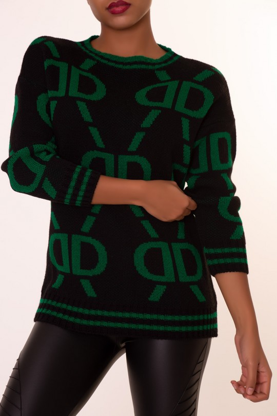 Black chunky knit vintage-style print crew-neck sweater - 5