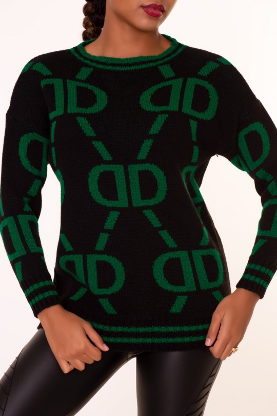 Black chunky knit vintage-style print crew-neck sweater - 6
