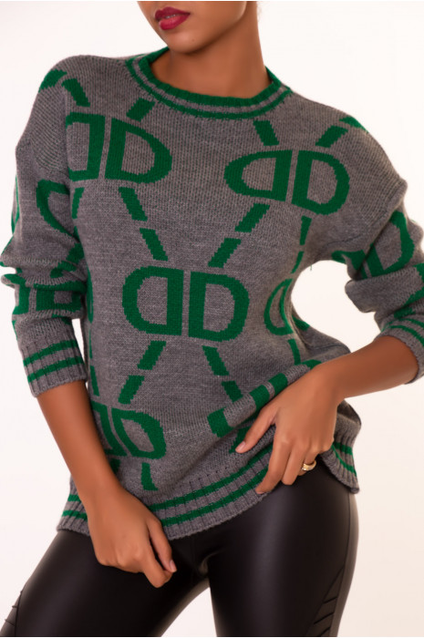 Charcoal gray sweater with vintage style print with round neck in chunky knit - 2