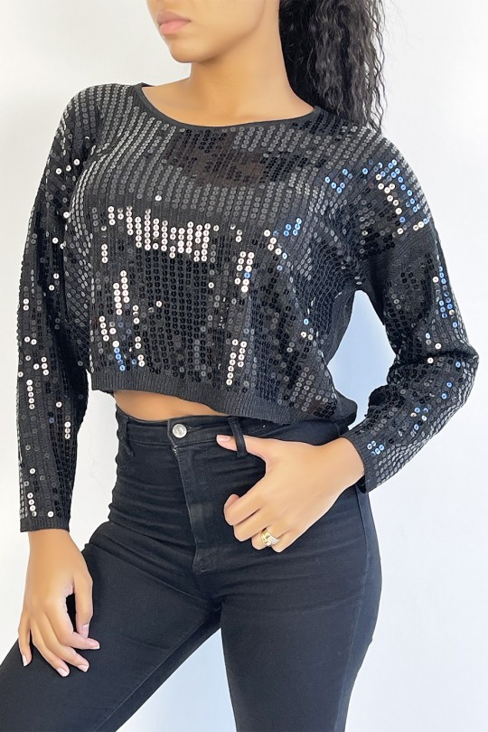 Short black glittery sweater in fluid knit and trendy round neck - 1
