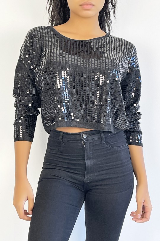 Short black glittery sweater in fluid knit and trendy round neck - 2