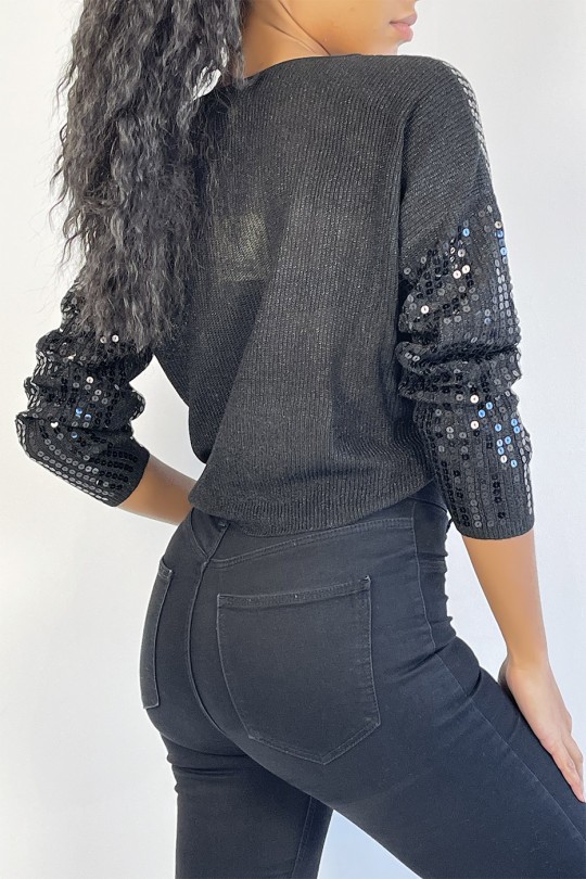 Short black glittery sweater in fluid knit and trendy round neck - 4