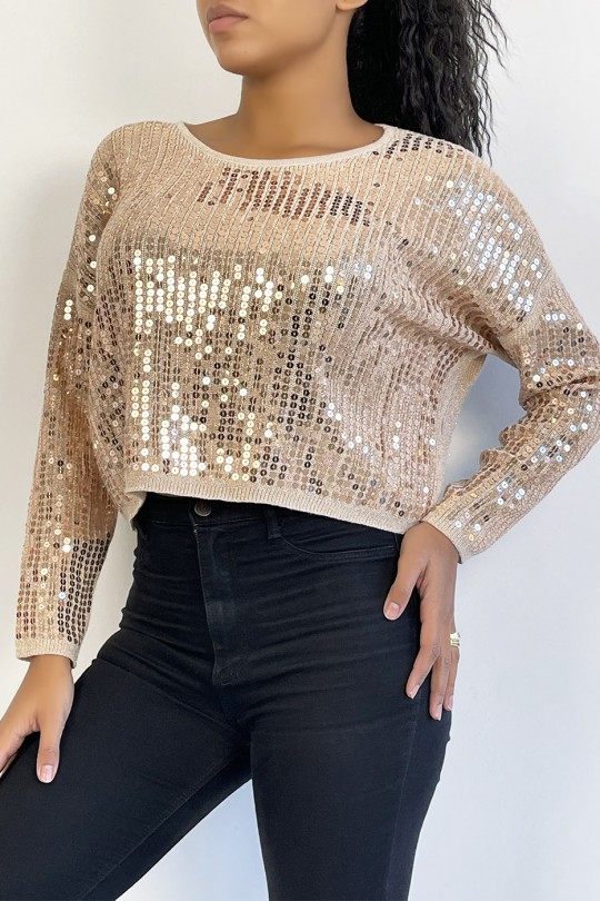 Short taupe glitter sweater in fluid knit and trendy round neck - 1