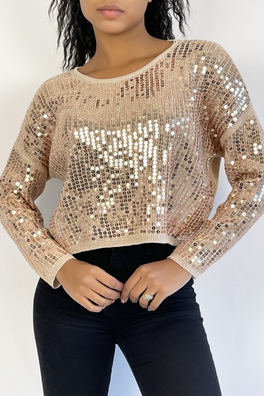 Short taupe glitter sweater in fluid knit and trendy round neck - 2