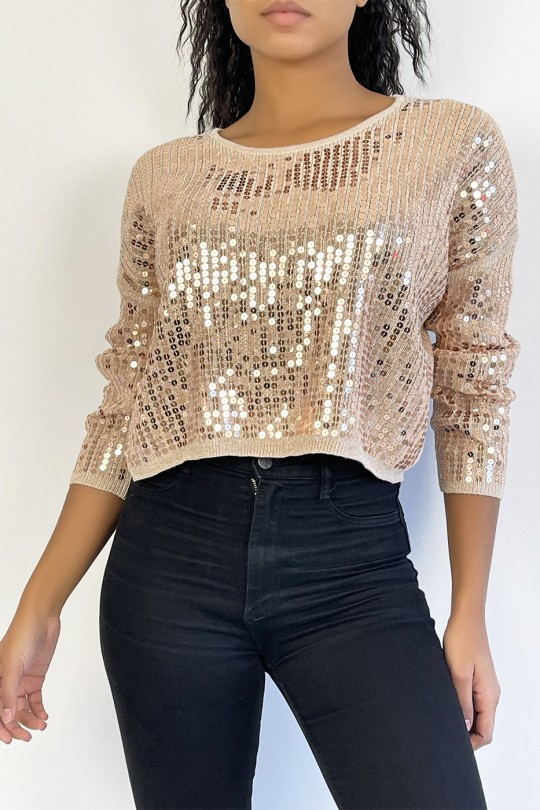 Short taupe glitter sweater in fluid knit and trendy round neck - 3