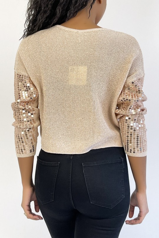 Short taupe glitter sweater in fluid knit and trendy round neck - 4