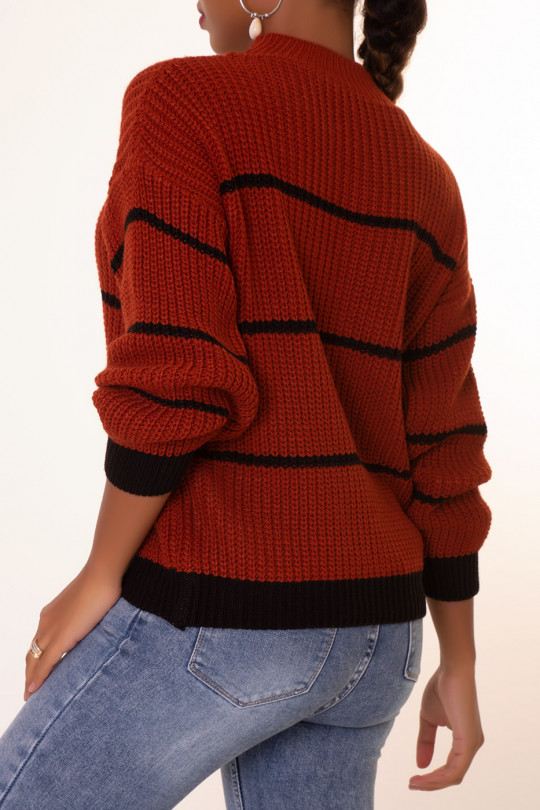 Cognac striped chunky knit sweater - 5