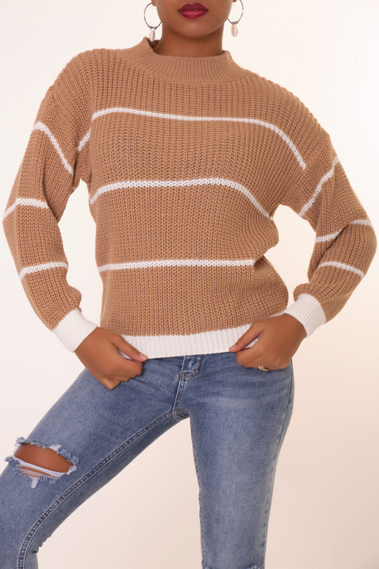 Camel striped chunky knit sweater - 2