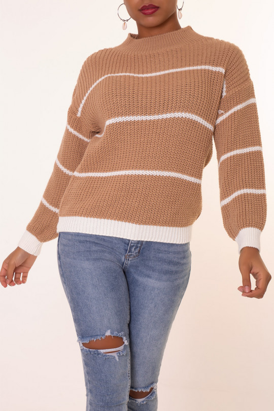 Camel striped chunky knit sweater - 3