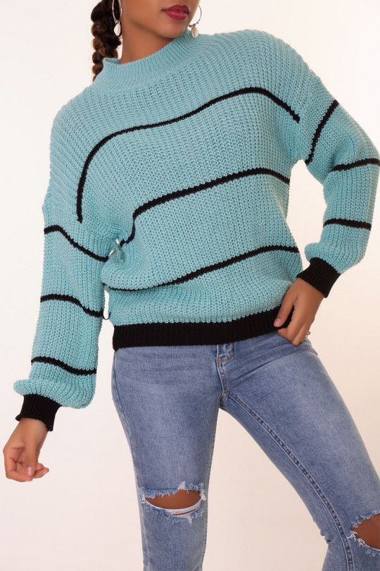 Blue striped chunky knit sweater - 1