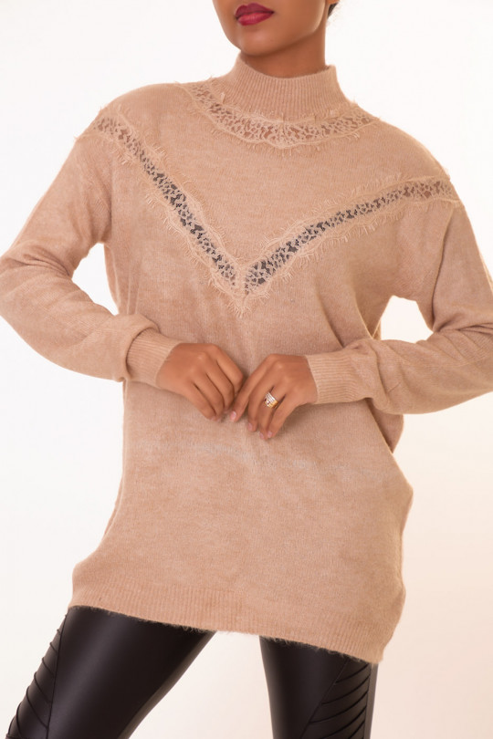 Long taupe sweater with lace V pattern - 1