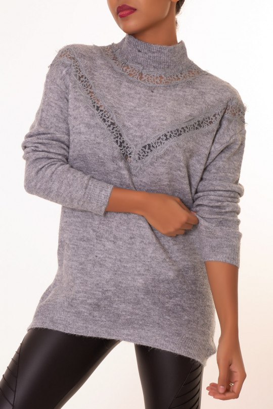 Long gray lace V-pattern sweater - 5