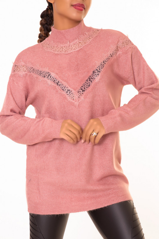 Long pink lace V-pattern sweater - 1