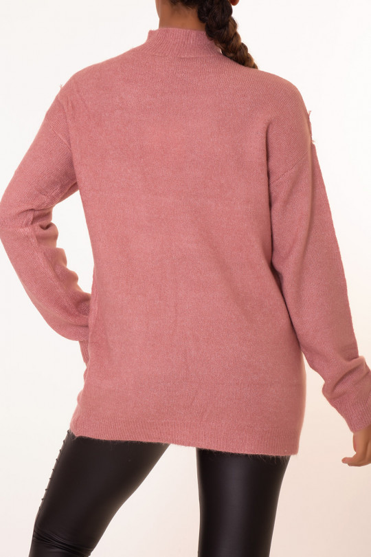 Long pink lace V-pattern sweater - 4