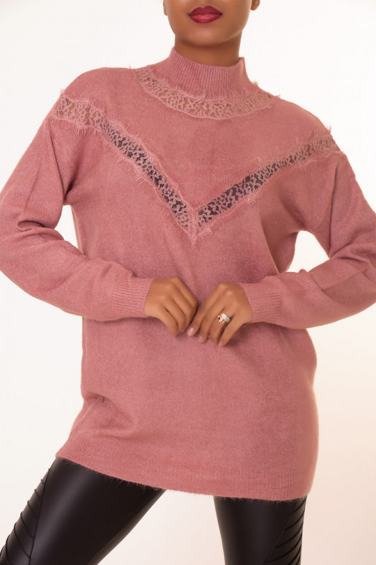 Lange roze kanten trui met V-patroon - 5