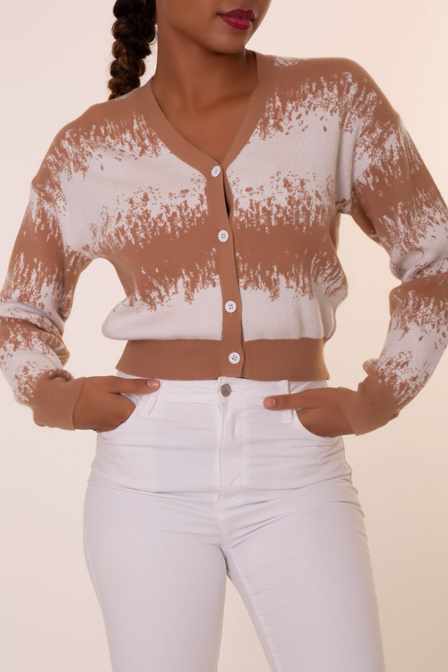 Gilet court bi-couleur beige et blanc - 4