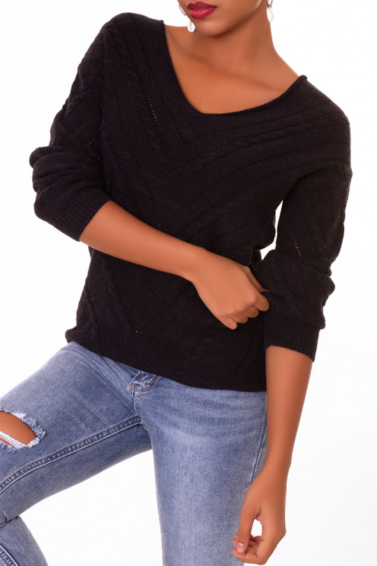 Black V-neck sweater with openwork and cable details - 2