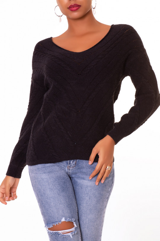 Black V-neck sweater with openwork and cable details - 5