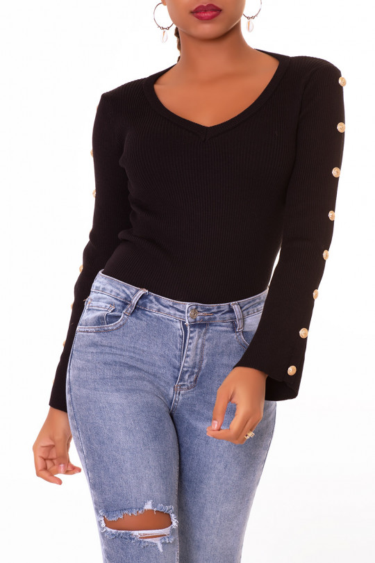 Black ribbed sweater with flared sleeves and officer buttons - 3