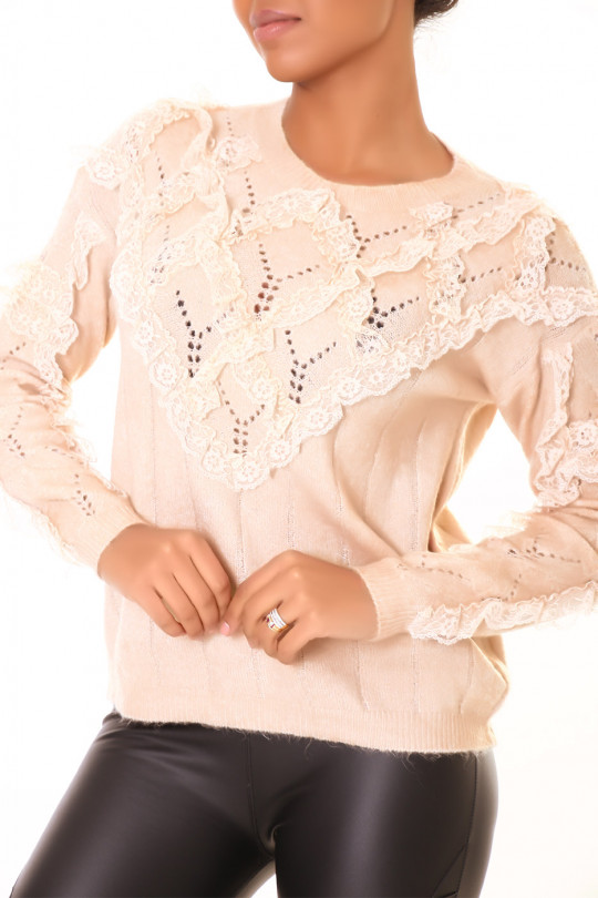 Beige sweater with round neck and diamond pattern in lace - 1