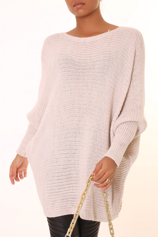 Loose beige mid-length round neck sweater dress - 4
