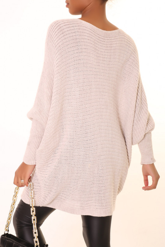 Loose beige mid-length round neck sweater dress - 5