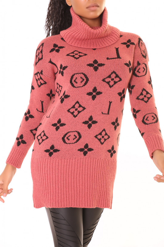 Long fuchsia pink turtleneck sweater with luxury print - 1