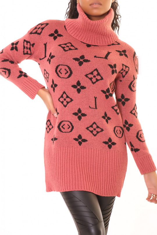 Long fuchsia pink turtleneck sweater with luxury print - 3