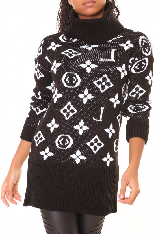 Long black luxury print turtleneck sweater - 2